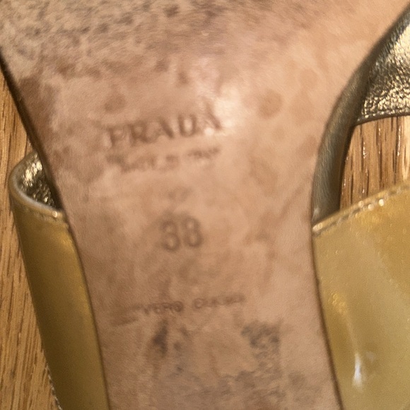 Prada gold w/silver hardware slides/sandals w/ kitten heel. - Picture 9 of 9